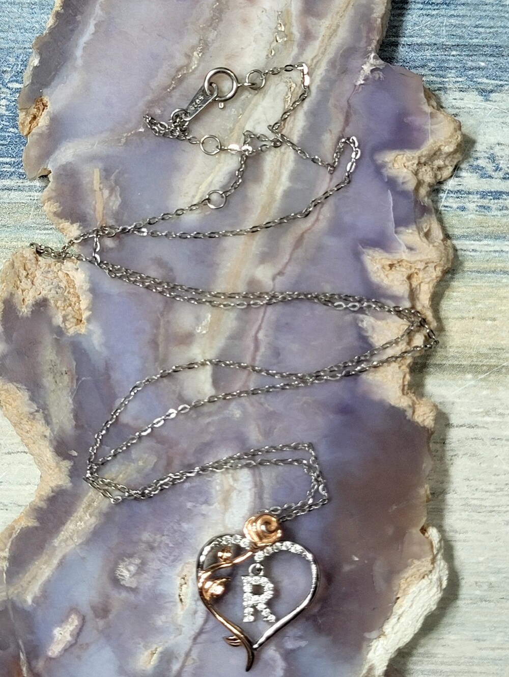925 Rose Initial 'R' Heart Pendant Necklace - Silver with Rose Gold Accent